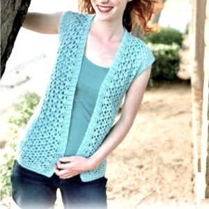Hand Made Robins Egg Teal Crocheted Open Front Sweater Vest Size S